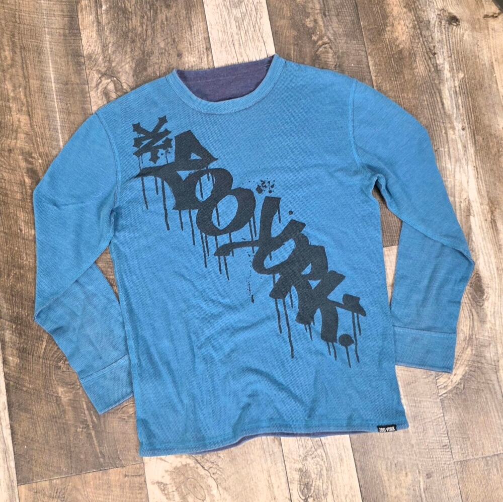 Y2K Zoo York Graffiti Thermal Long Sleeve Blue Black Skate Grunge